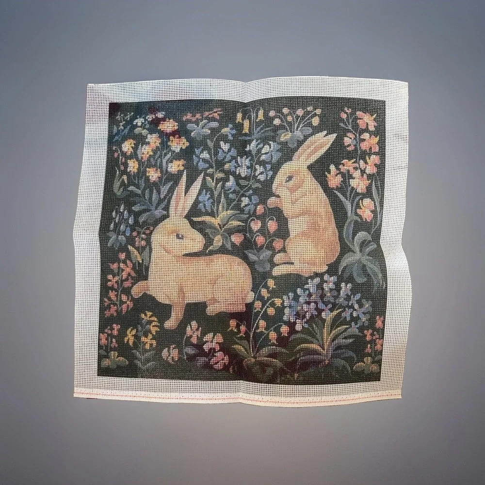 Vtg Bunnies Needlepoint Pillow Garden Flower 14
